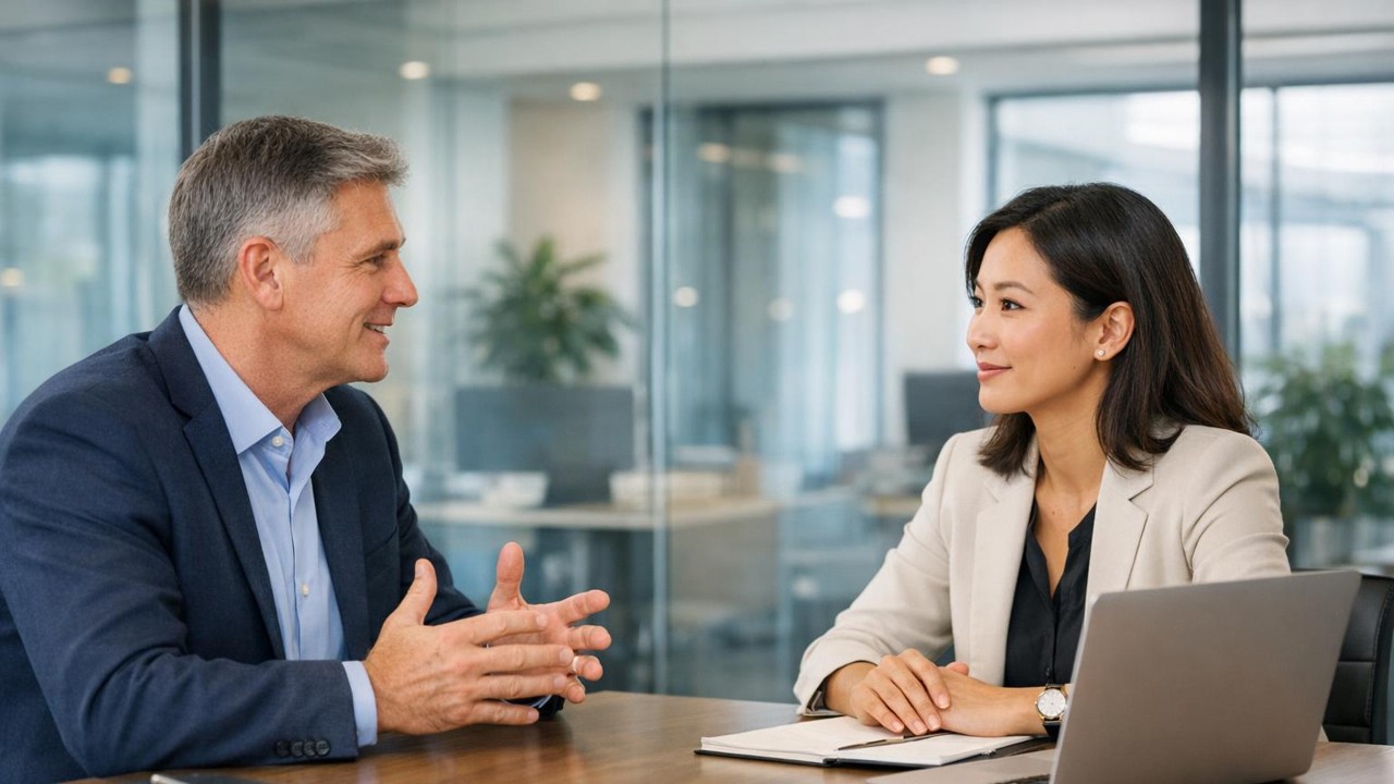 A coach and a client in focused one-on-one conversation at a desk