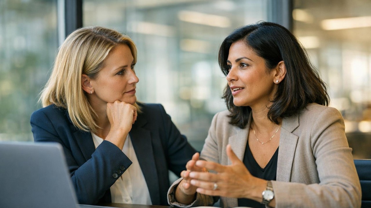 Two leaders exchanging ideas in a bright office setting